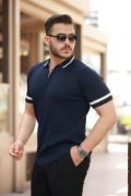 Erkek Yaka Ve Kolları çizgi Detaylı Fermuarlı Kısa Kollu T-shirt resmi